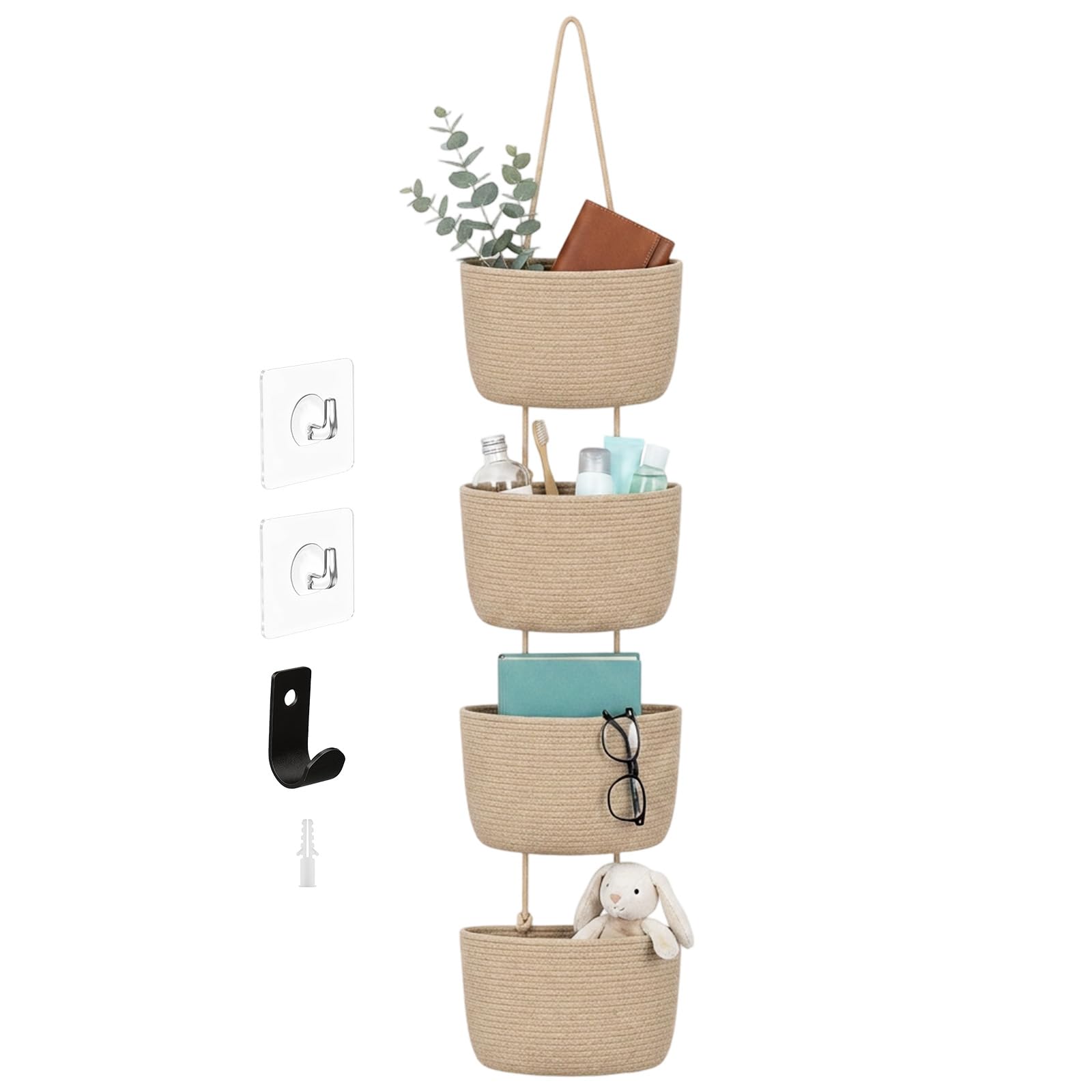 4 Tier Wall Mounted Woven Hanging Basket, Over The Door Hanging Basket WallMounted Woven Storage Organizer Bag Decorative Hangi