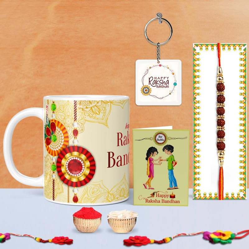 KivStar Rakhi for Brother with Printed Ceramic Mug & Rakhi Combo | 325 ml | Pack of 4 (Greeting Card, Roli Chawal, Rakhi, Printe