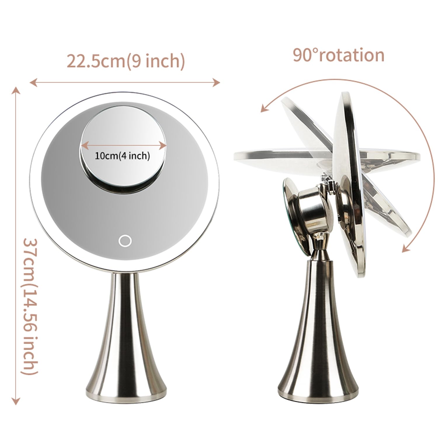 Surdy 9 Lighted Makeup Mirror, 5x/10x Dual Magnifying Mirror w/ 3 Color, Brightness Adjustable,360 Rotation, 4000 mAh Rechargeab