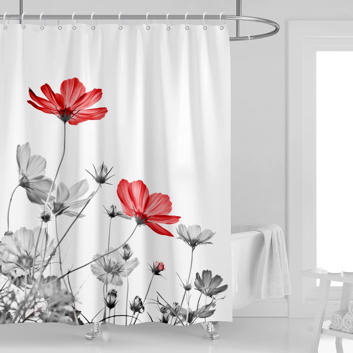 Kikiry Red Gray Shower Curtain 60''W X 72''L White Grey Flowers Wildflower Daisy Floral Ink Painting Botanical Simple Elegance B