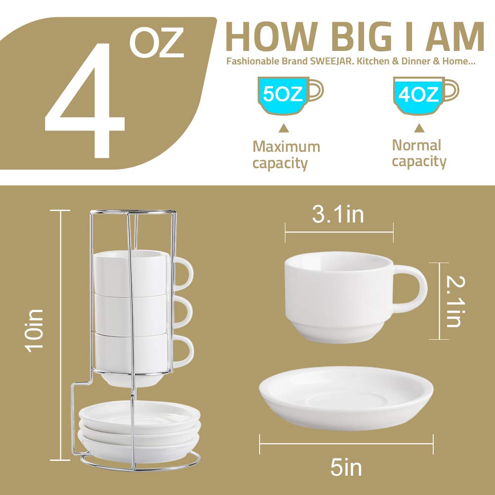Sweejar Porcelain Espresso Cups With Saucers, 4 Ounce Stackable Cappuccino Cups With Metal Stand For Coffee Drinks, Latte, Tea -