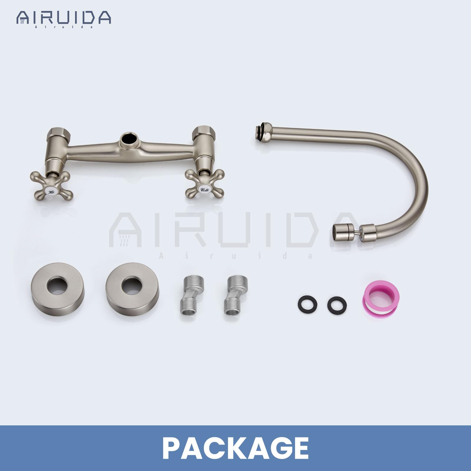 Airuida Brushed Nickel Wall Mount Kitchen Faucet with Sprayer Wall Mounted Kitchen Sink Faucet 8 Inch Center Double Cross Handles 360 Degree Swivel Spout Restaurant Mixer Tap Commercial