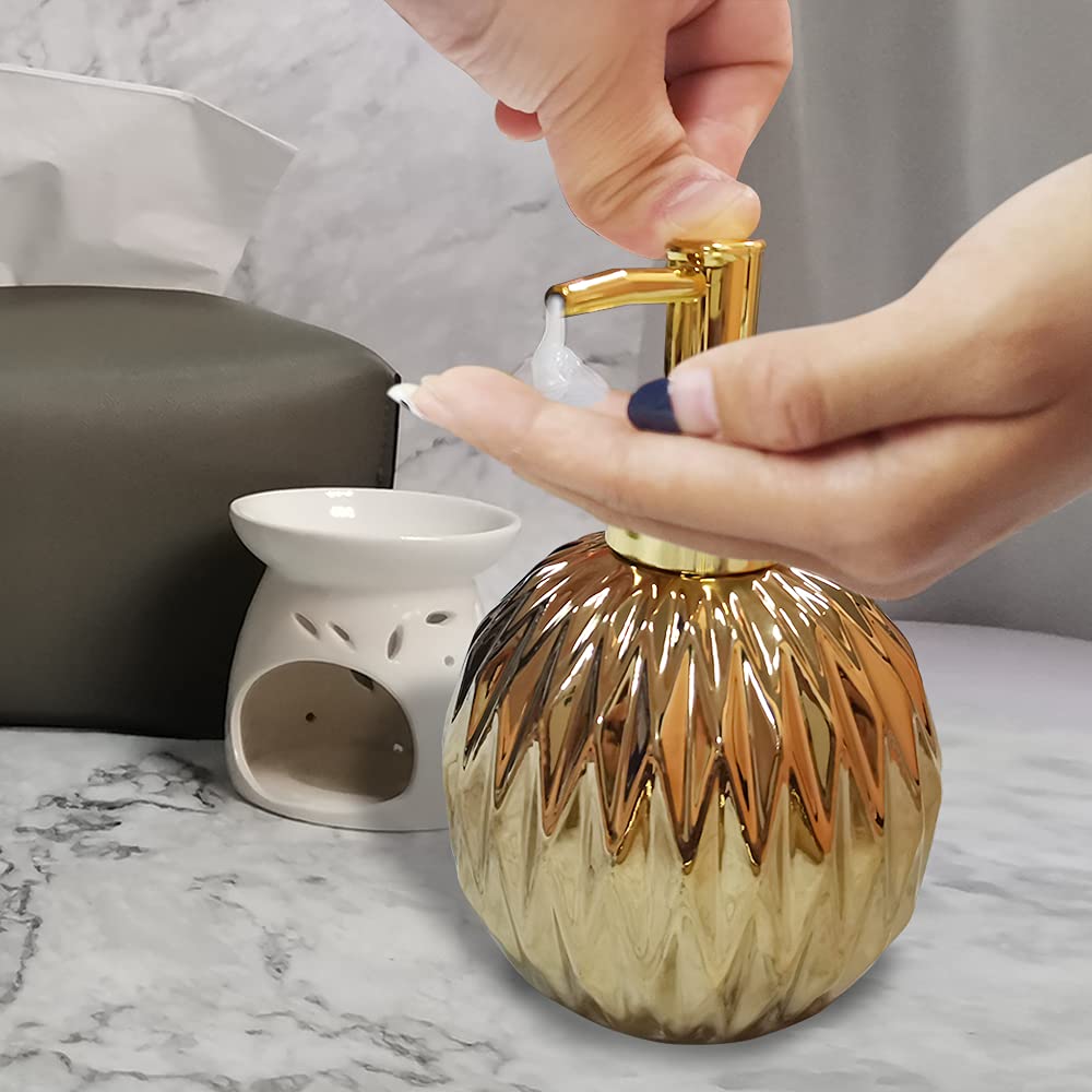 Ceramics Gold Soap Dispenser For Bathroom, Round Soap Dispenser With Delicate Embossed Rhombus Design (Gold)