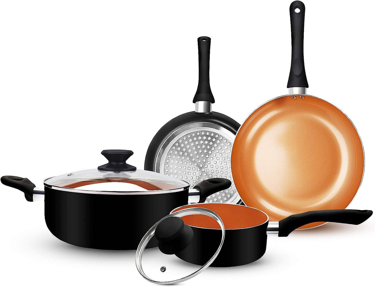 FRUITEAM 6pcs Cookware Set Ceramic Nonstick Soup Pot/Sauce Pan/Frying Pans Set, Copper Aluminum Pan with Lid, Induction Gas Comp