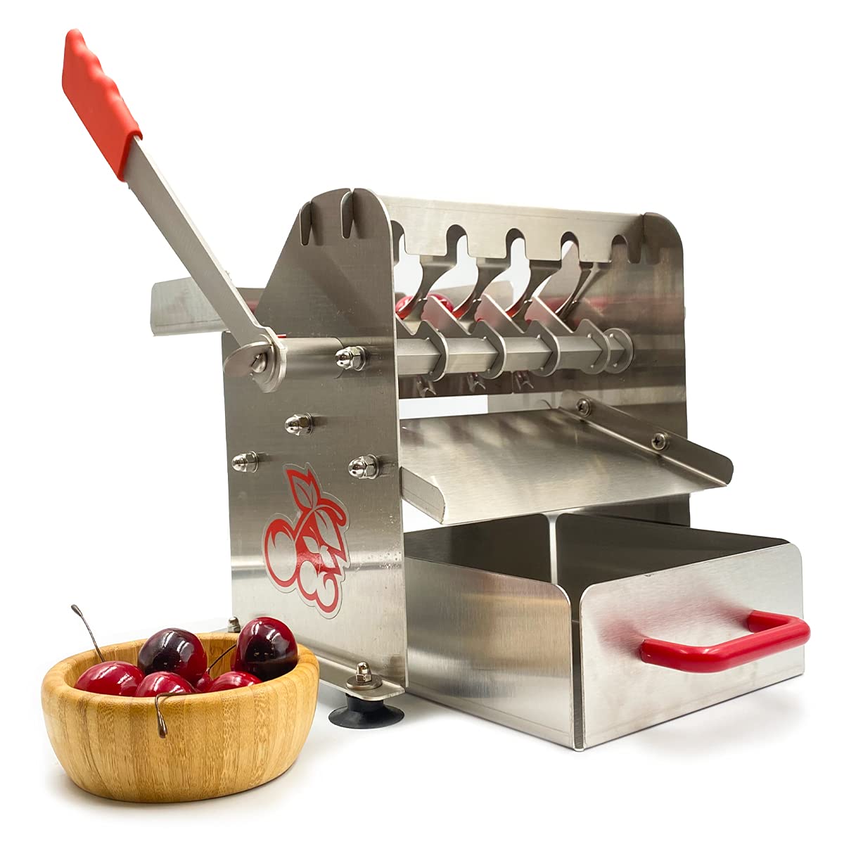 The Sausage Maker - Stainless Steel Deluxe Cherry Pitter - Heavy Duty Multi Pit Removal Tool - 5 At Once Capacity - Includes Cat