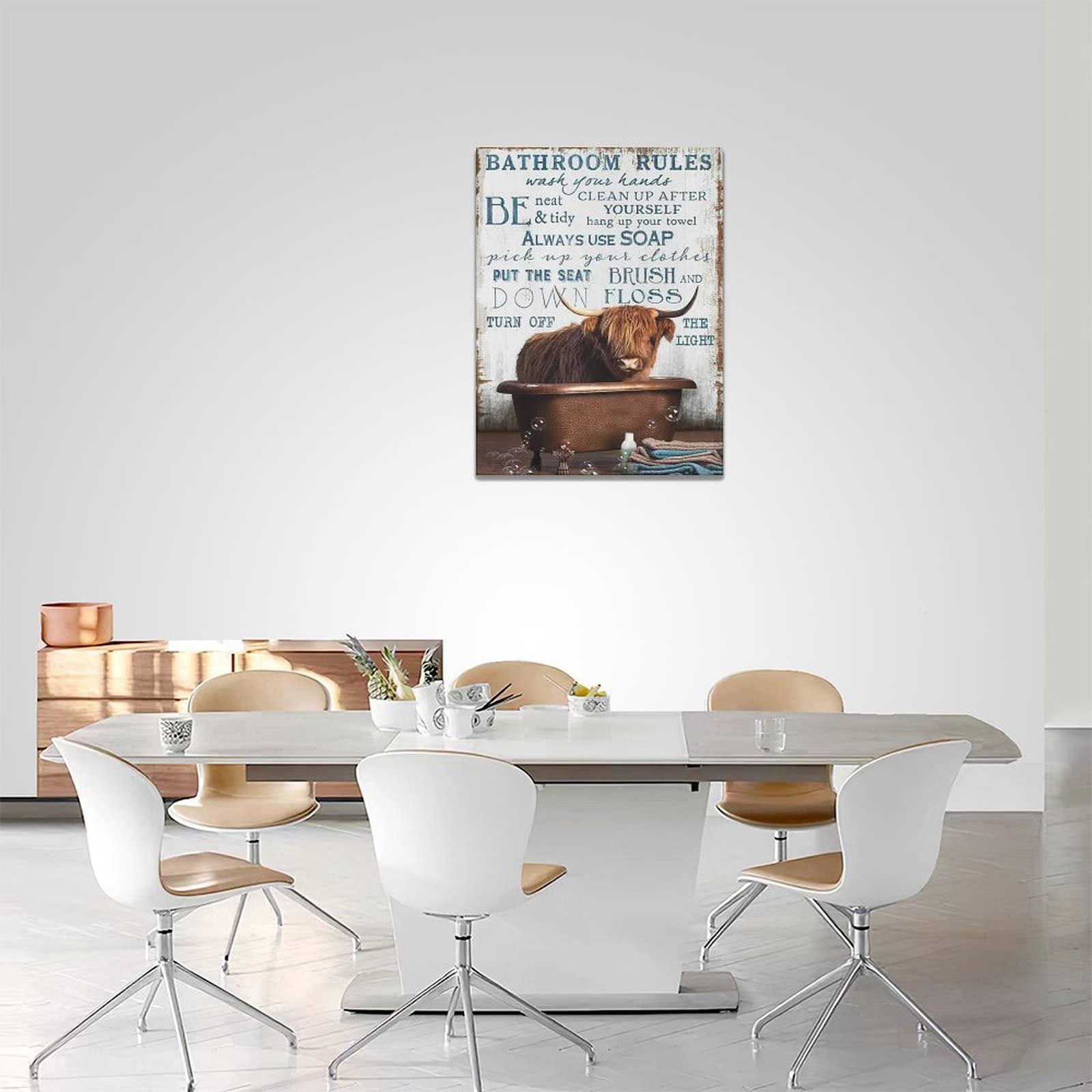 Citari Cow Wall Art Farmhouse Highland Cow Bathroom Rules Pictures Bathroom Signs Rustic Canvas Painting Funny Cow Framed Artwor