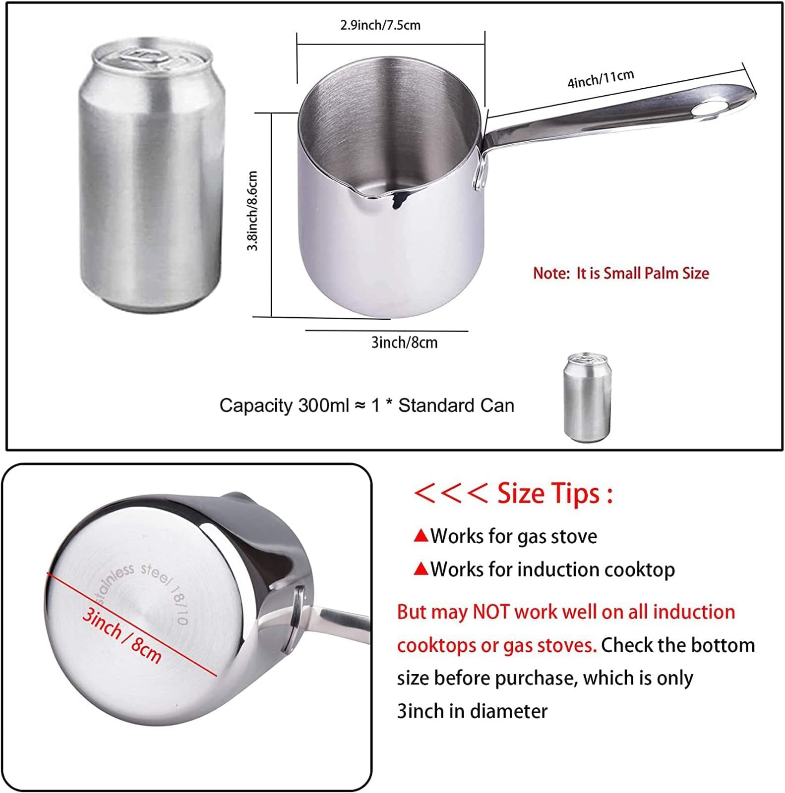 Imeea Butter Warmer Turkish Coffee Pot Milk Warmer Pot Mini Saucepan With Spout 18/10 Tri-Ply Stainless Steel (10Oz/300Ml)