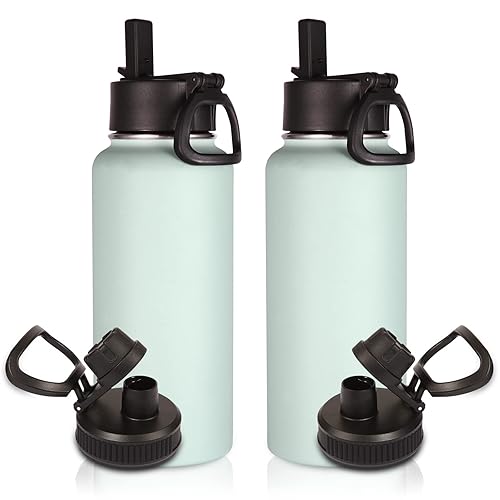 Volhoply 32 oz Insulated Water Bottles Bulk 2 Pack with Straw Lid & Spout Lid Stainless Steel Sports Water Bottle Double Wall Vacuum Thermos Leakproof Wide Mouth Metal Flask for Hiking Camping(Fog 2)