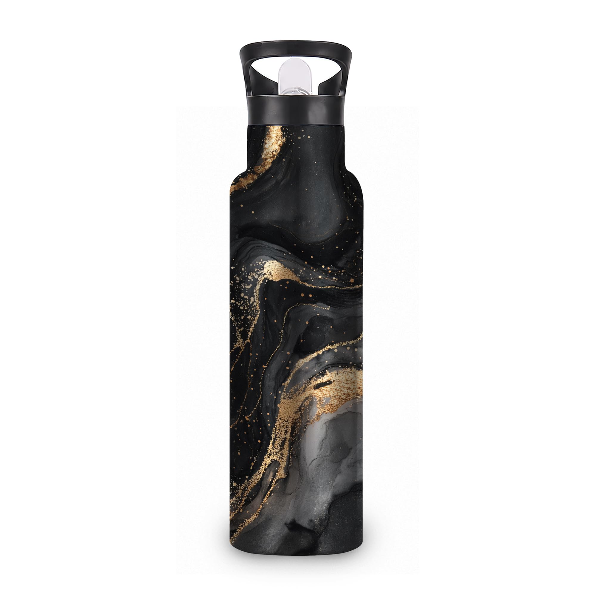 ICRICR Water Bottles with Straw,Black Gold Marble Stainless Steel Cup Leak Resistant Double Wall Abstract Marble Insulated Water