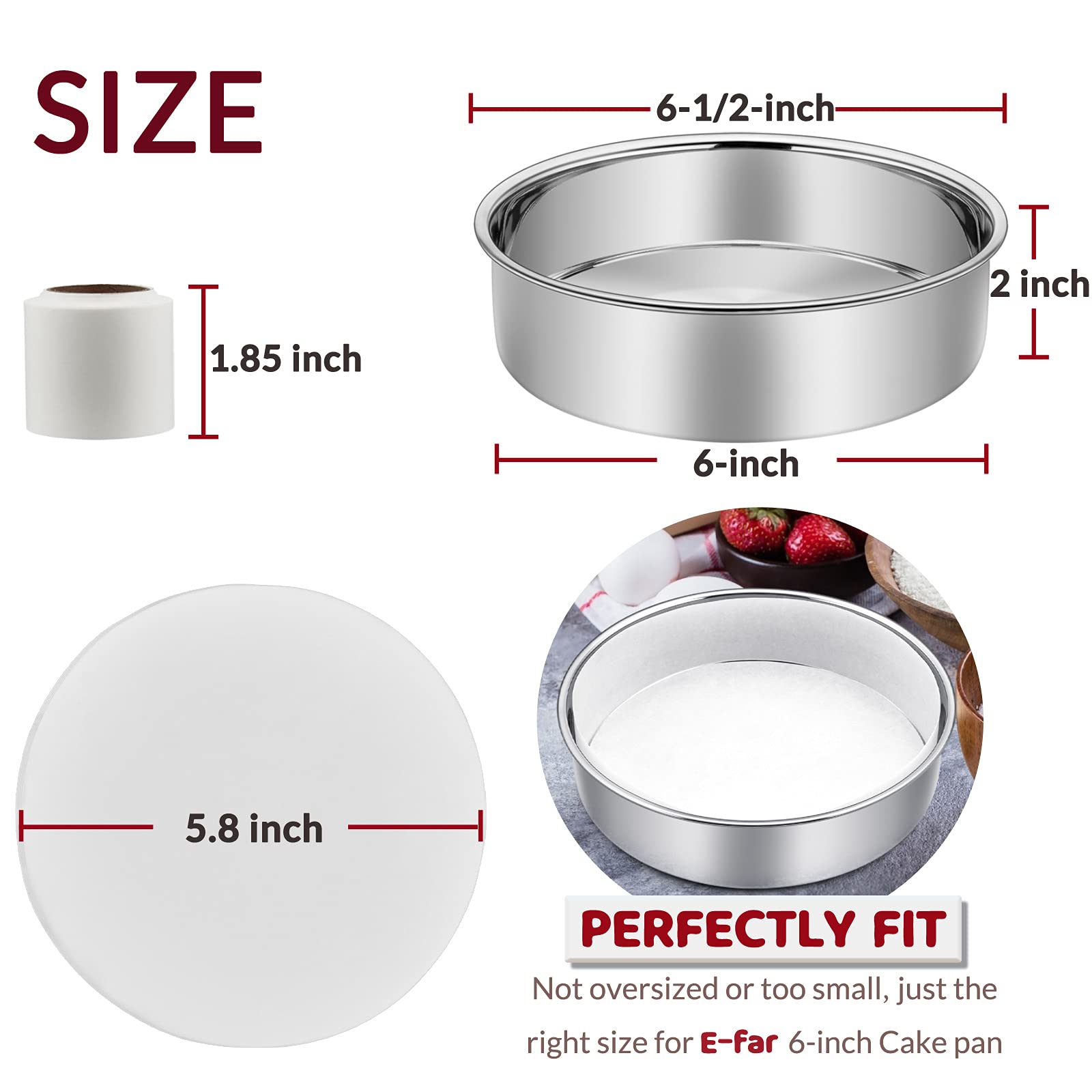 6 Inch Cake Pan Set Of 2, E-Far Stainless Steel Round Layer Smash Cake Baking Pans With Parchment Rounds & Side Liner Roll, Non-