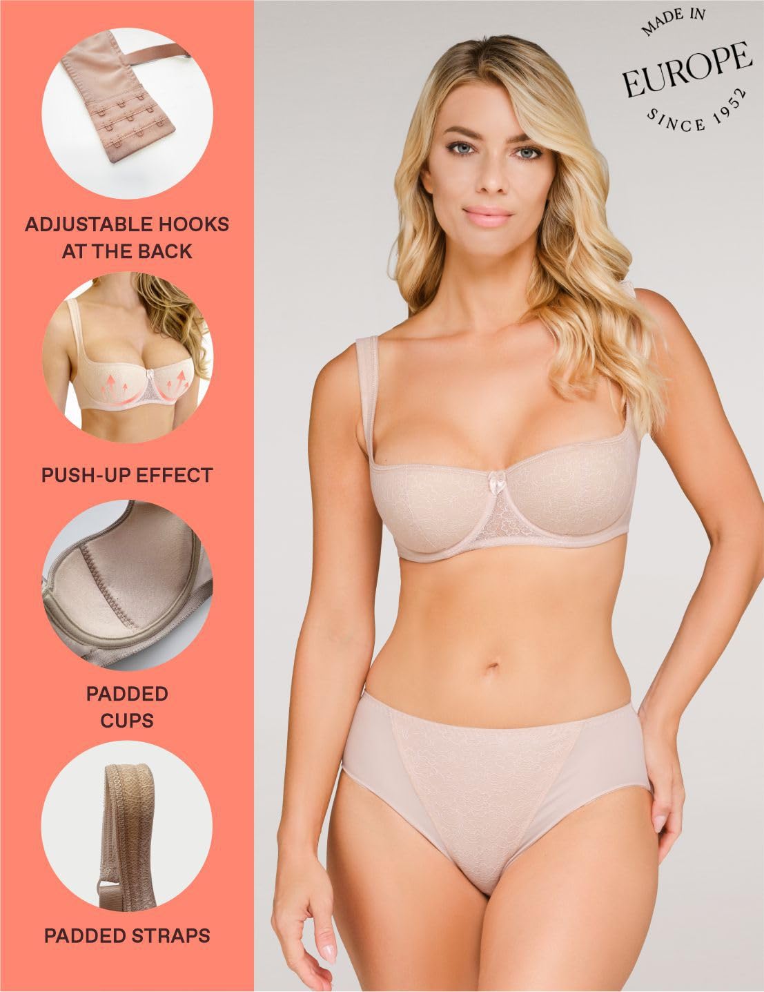 Rosme Womens Balconette Bra, Collection Grand, Beige, Size 34C