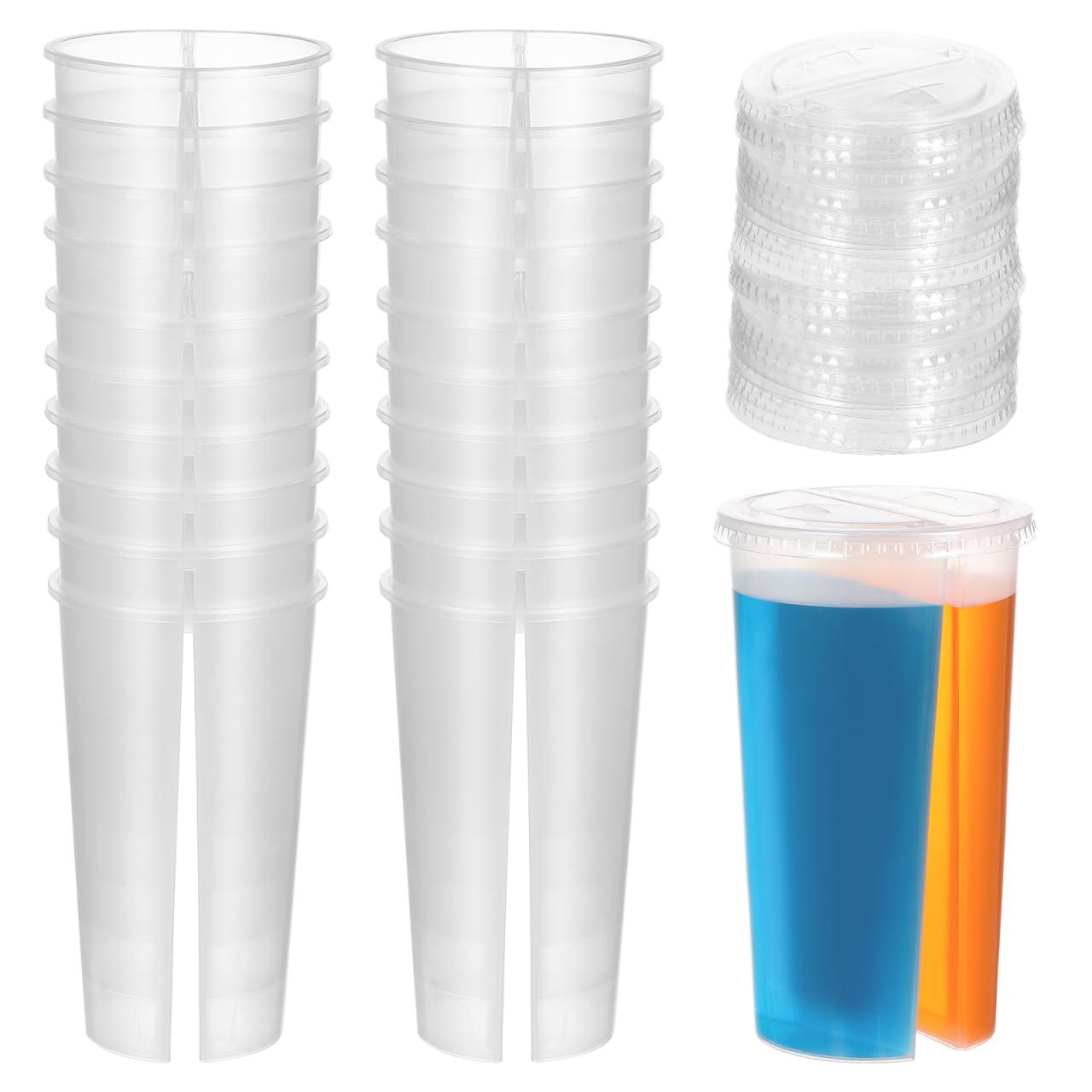 Garneck 20pcs Double Compartment Cups with Lids: Clear Split Drink Cup for Bubble Tea Smoothies Coffee Juice Dual Flavor Serving