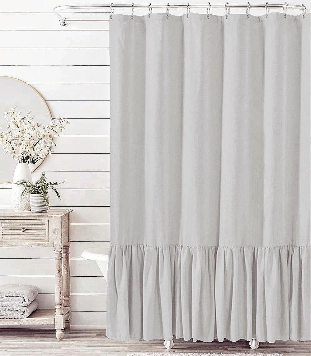Felisa Farmhouse Shower Curtain With A Ruffle Hem, Linen Blend Shower Curtain For Bathroom,Grey,72X78 (Grey, 72X78)