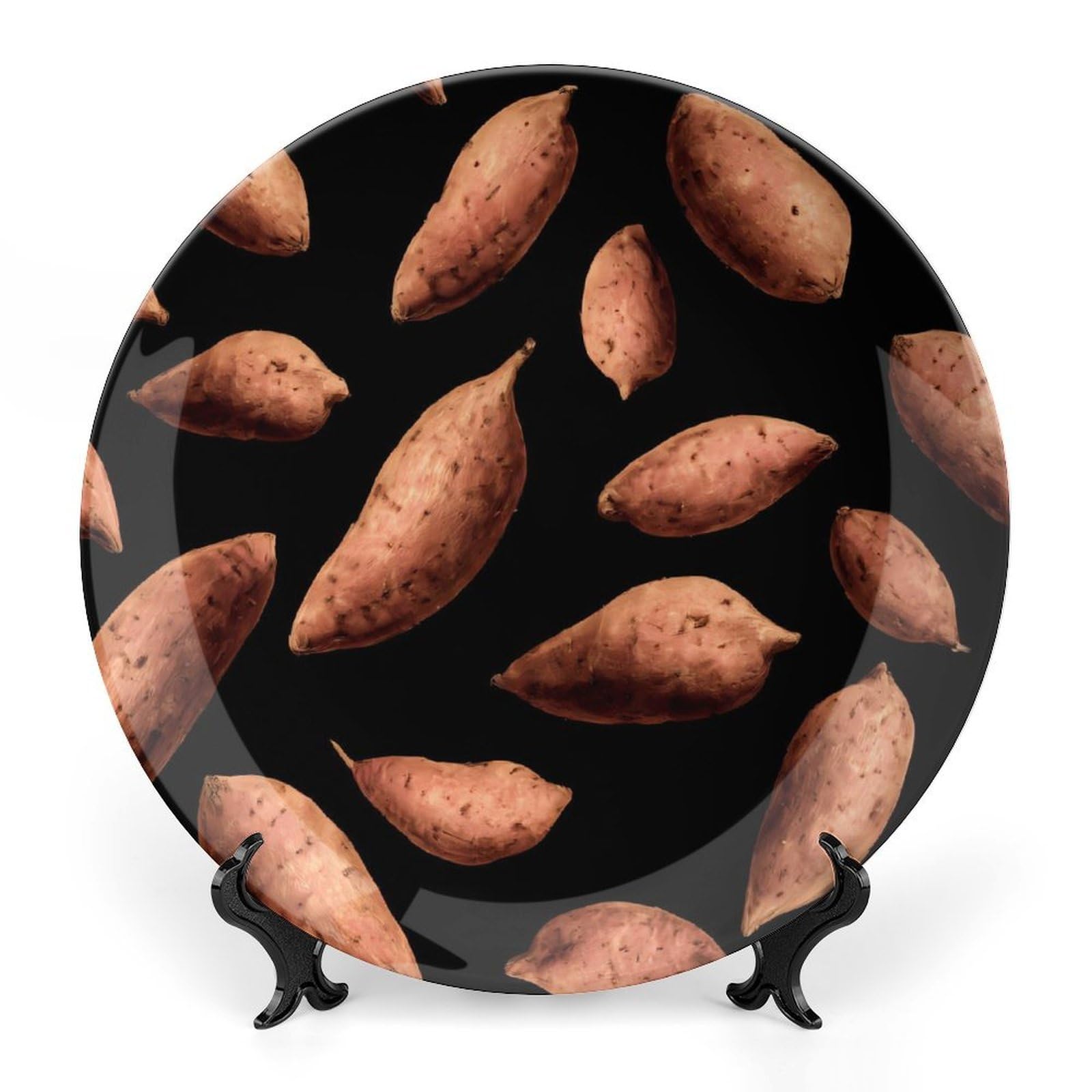 Sweet Potato Round Ceramic Decorative Plates with Display Stand Ornaments for Home Table Decor