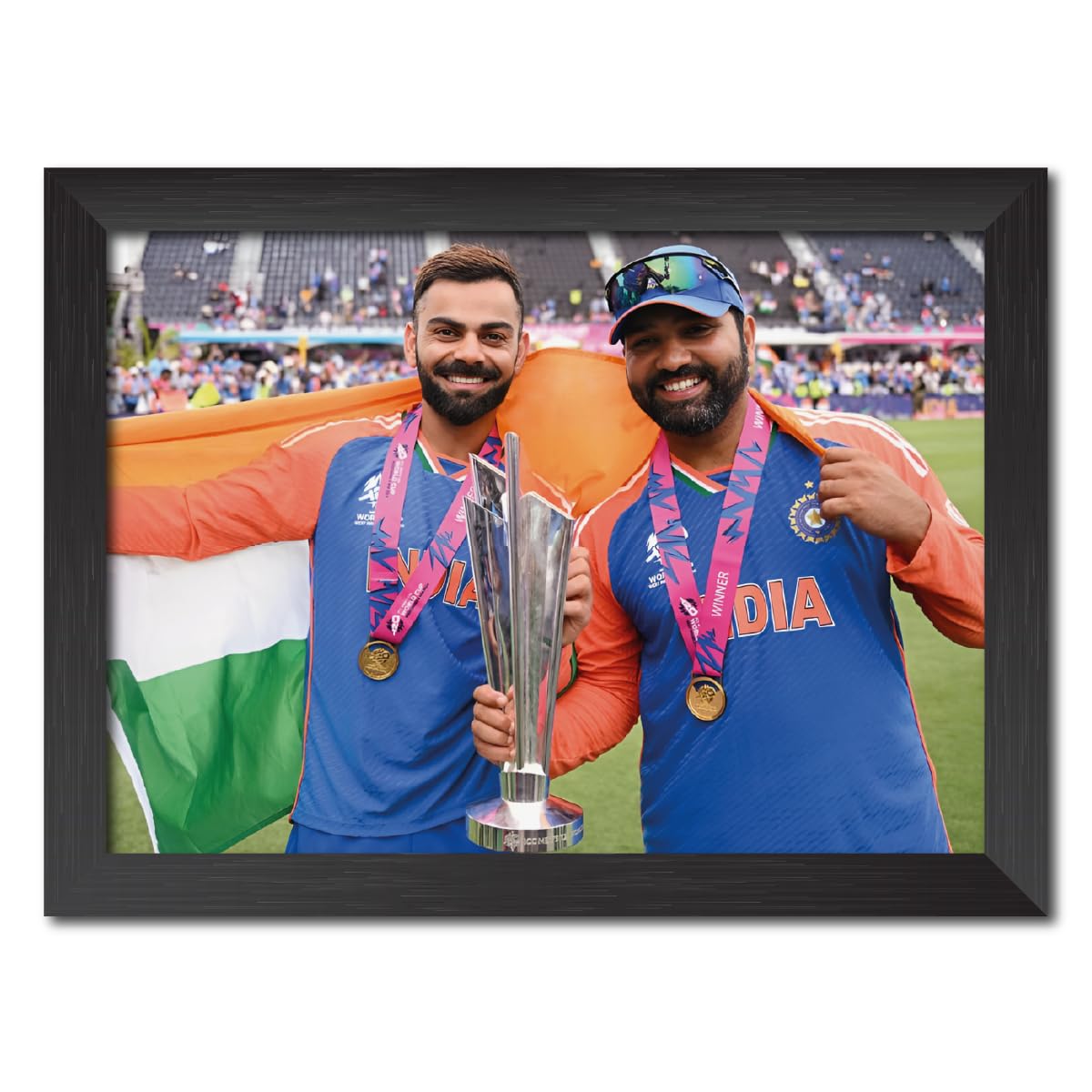 TenorArts Rohit Sharma Virat Kohli Worldcup Poster Indian Cricket Photo Framed Painting with Matt Finish Black Textures (12 inch