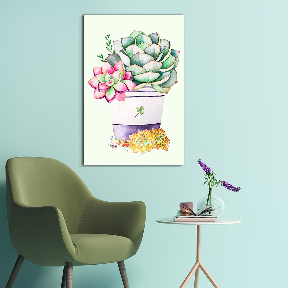 Wall26 Canvas Wall Art Succulent Plants Series - Watercolor Style Colorful Plants In A Pot - Giclee Print Gallery Wrap Modern Ho