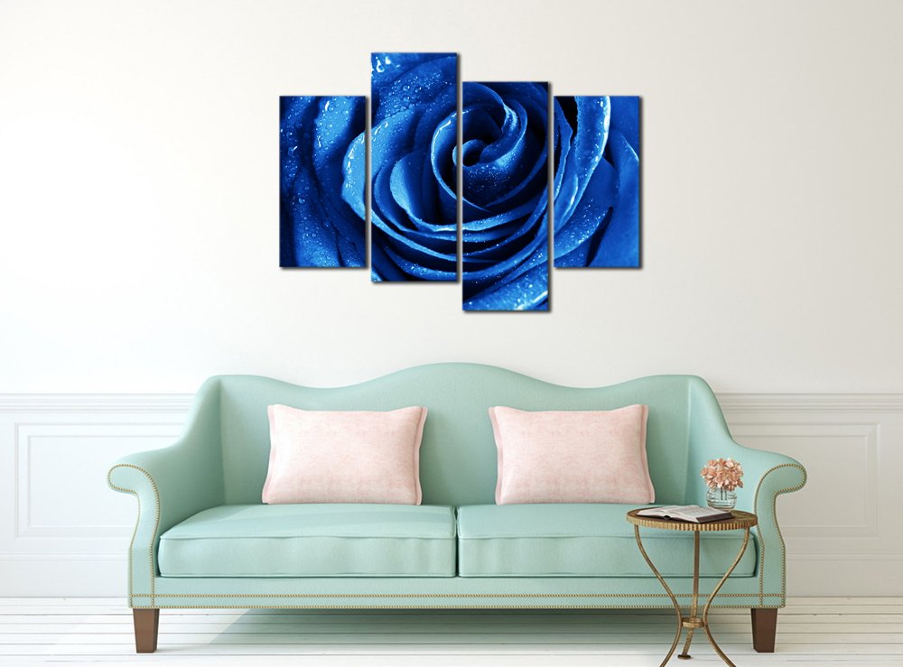 Wieco Art Blue Rose With Dew Canvas Wall Art Abstract Romantic Flower Pictures Paintings Wall Art For Living Room Bedroom Decora