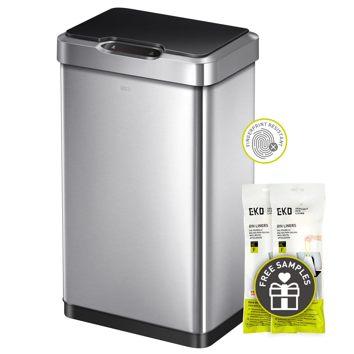 Eko Mirage-T 50 Liter / 13.2 Gallon Touchless Rectangular Motion Sensor Trash Can, Brushed Stainless Steel Finish