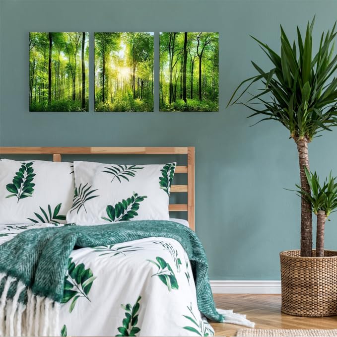 HLJ ART 3 Panels Morning Sunrise Green Trees Landscape Sunshine Over Forest Photograph Printed on Canvas for Home Wall Decoration (Green  12x16inchx3)