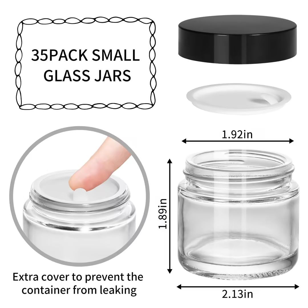Keywing 2Oz Small Glass Jars With Black Lids, 35 Pack Clear Round Glass Cosmetic Jars With Inner Liners For Lotions, Powders And