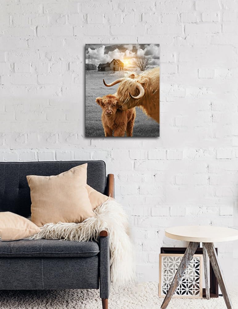 Highland Cow Wall Art Canvas Print Farmhouse Cow Picture Longhorn Cattle Animal Painting Stretched And Framed For Wall Decor 16X