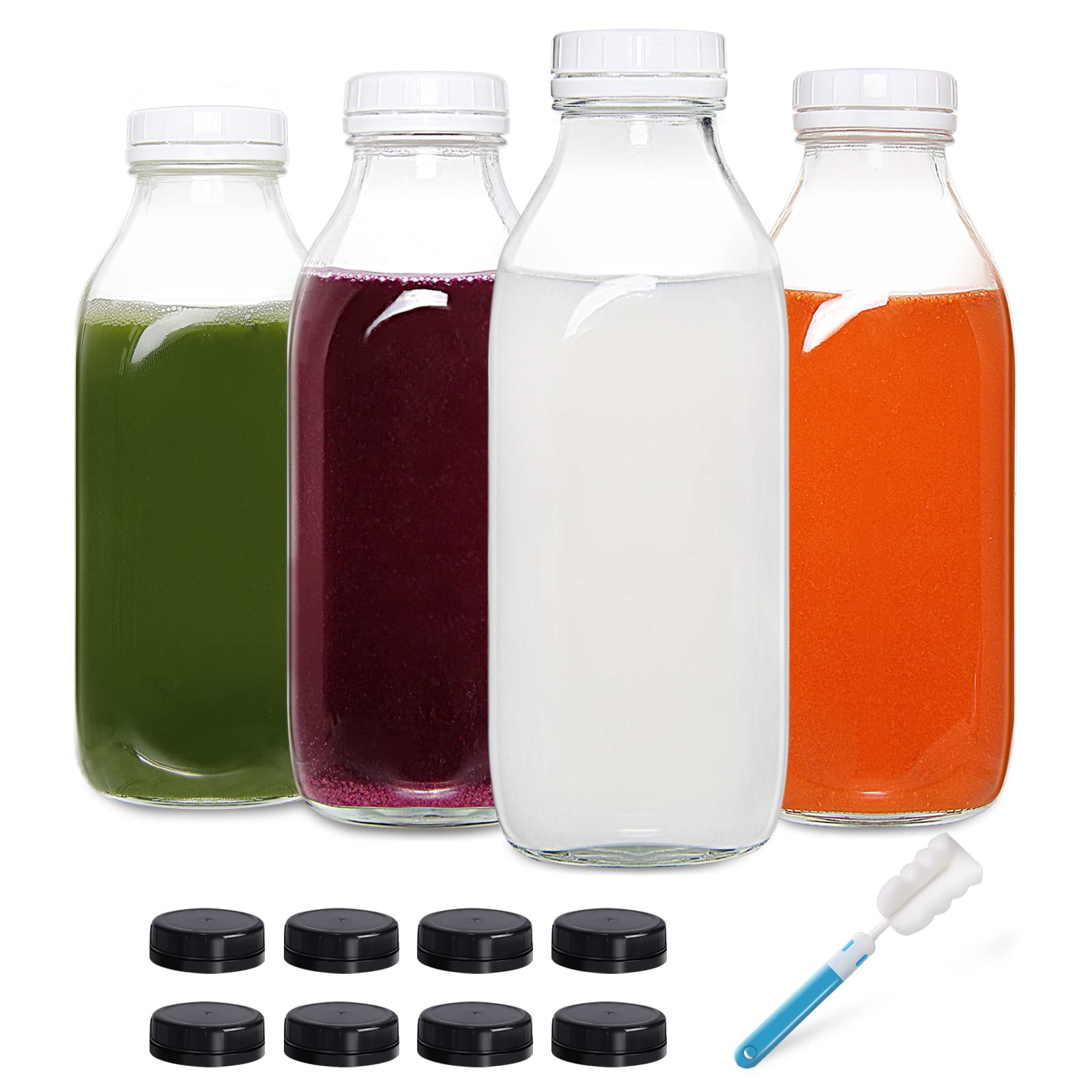 Yeboda 32Oz Glass Milk Bottle With Plastic Tamper-Proof Caps (4 Pack) Vintage Reusable Dairy Drinking Containers, Glass Bottles
