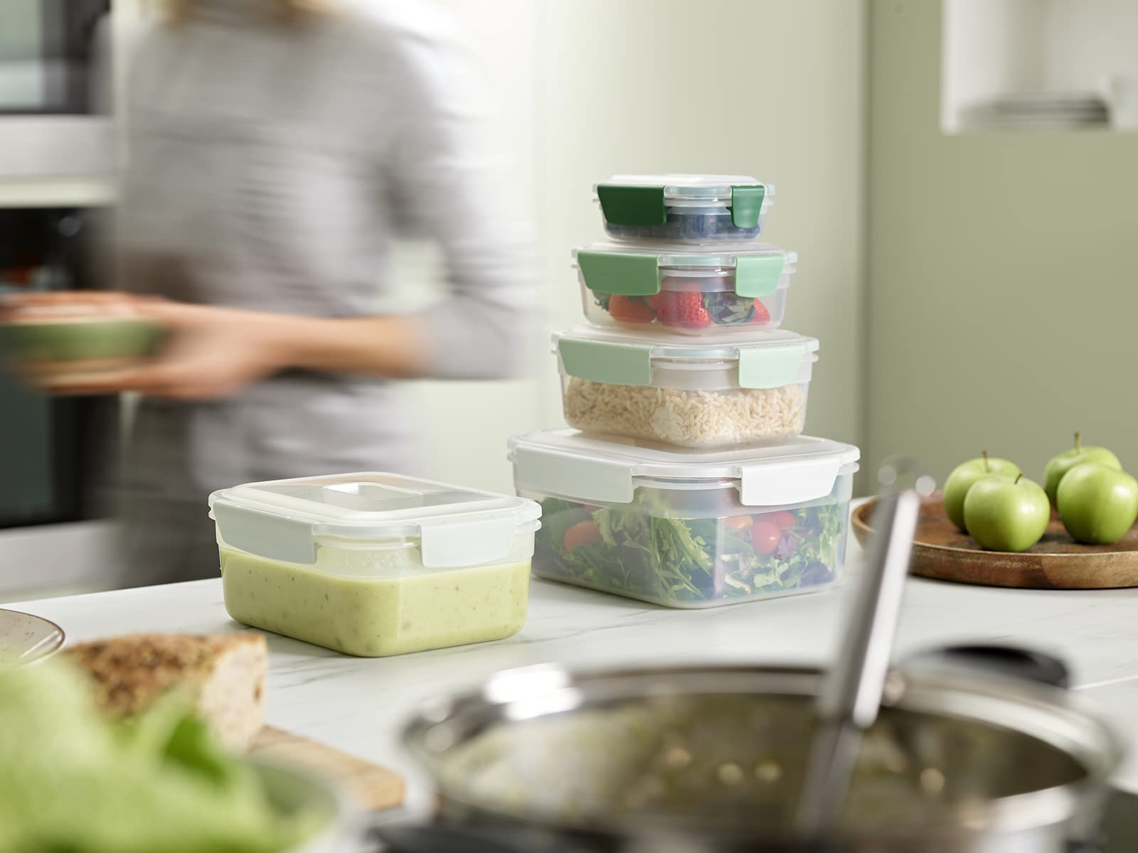 Joseph Joseph Nest Lock  5 Piece Plastic Food Storage Container set with lids  Leak Proof  Airtight  Space Saving  Kitchen Storage - Sage Green