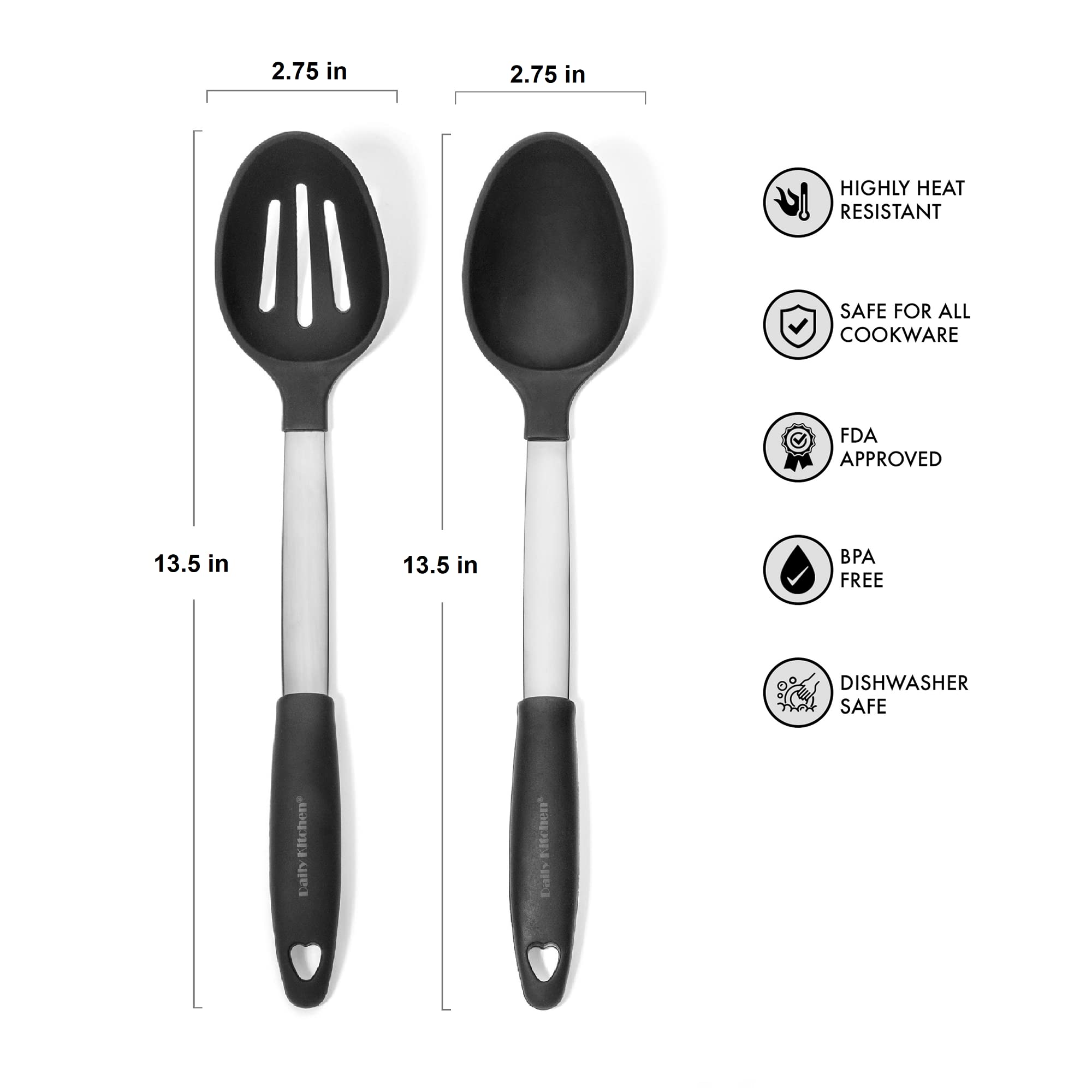 Daily Kitchen Cooking Spoons Set Heat Resistant Silicone And Stainless Steel Metal - Serving Spoon With Rubber Grip - Flexible S