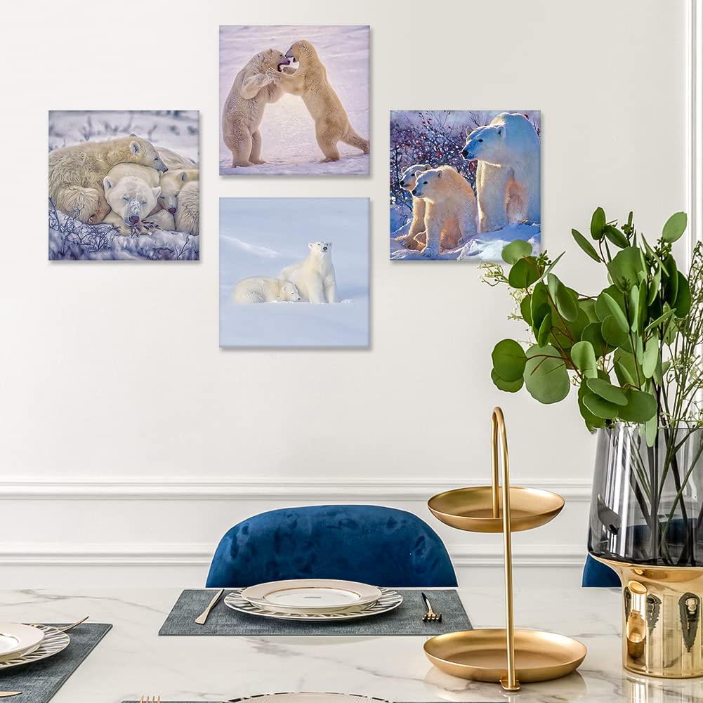 Otostar 4 Pieces Wall Art Canvas Prints - Polar Bear Family Picture Painting - Modern Wall Artwork Framed For Gifts Bathroom Hom