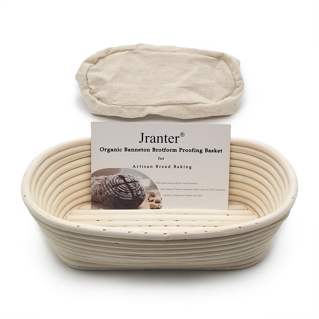 Jranter Oval Banneton Bread Proofing Basket Set, 10" Beige - 2 Pack with Linen Liner, Model UK-Bsd-JrBrotform-Ov10in-2EA