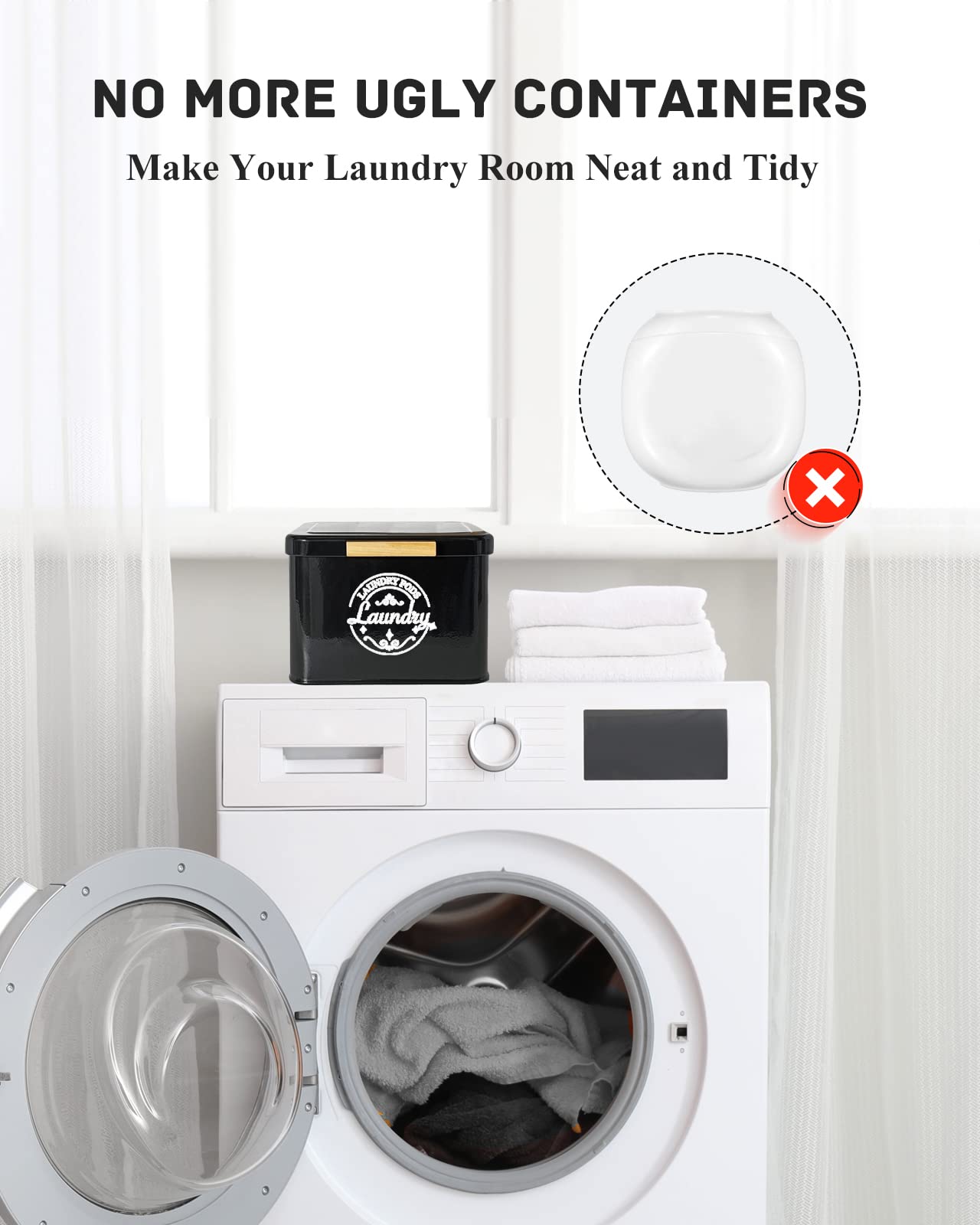 Laundry Pods Container With Hinged Lid. Modern Laundry Room Organization And Storage. Farmhouse Metal Laundry Pods Holder For La