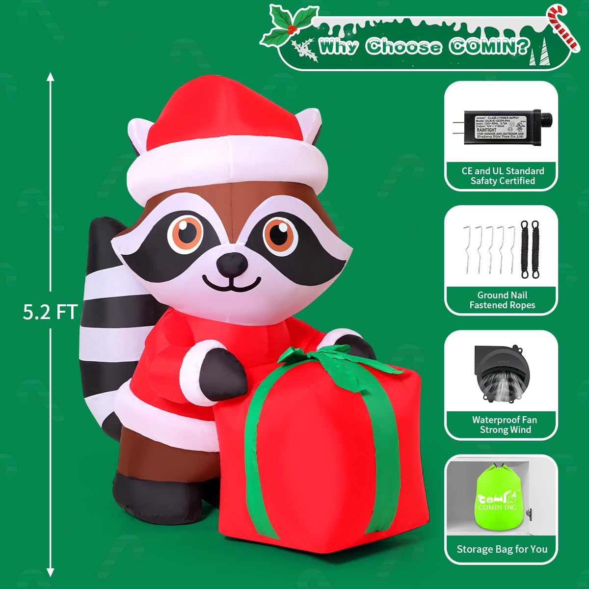 COMIN 5.2 FT Inflatable Raccoon with Gift Package - Outdoor Christmas Decoration, Polyester, CO-27672, Built-in LEDs for Yard Decor