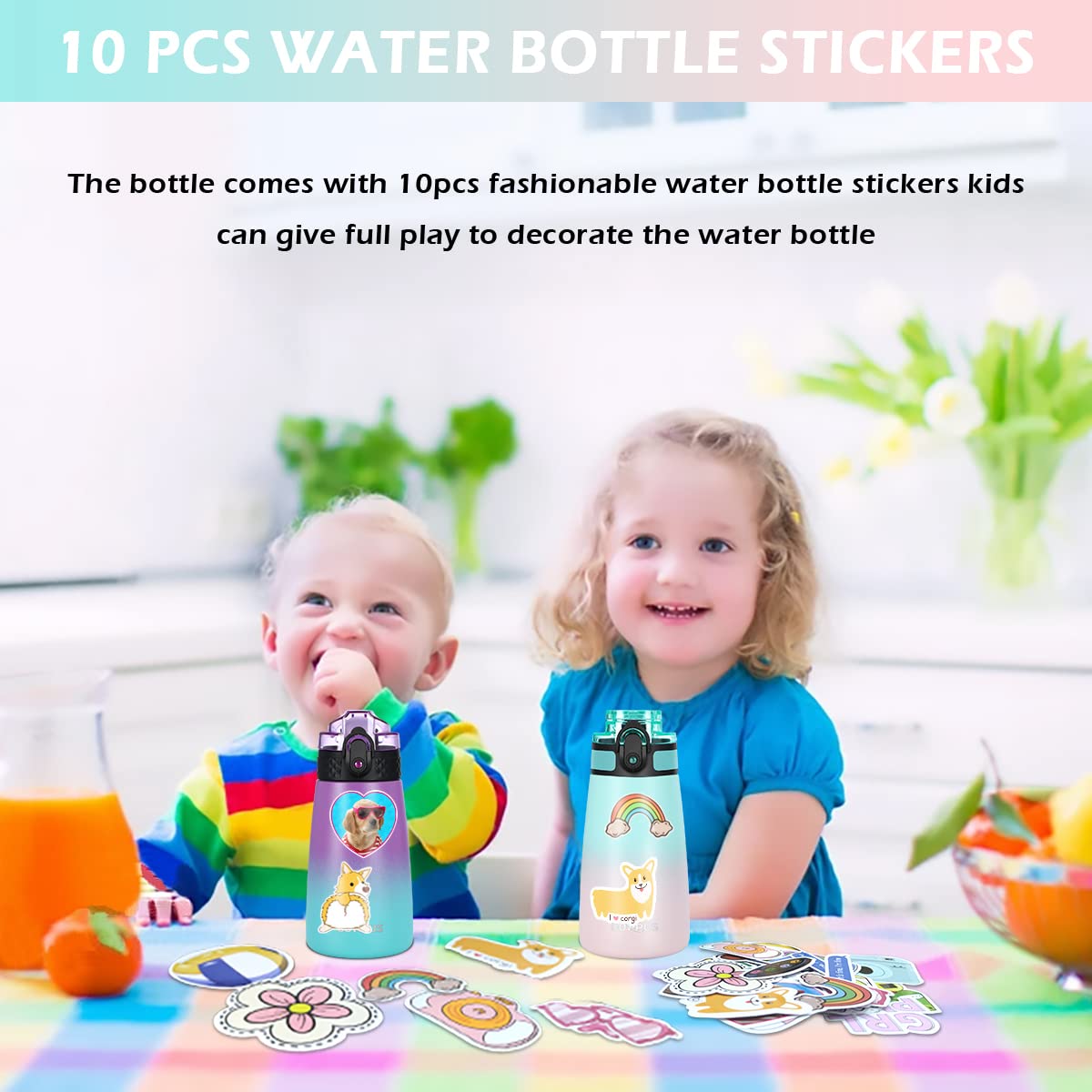 Goppus 12 Oz Kids Water Bottle With Straw Lid & Spout Lid Vacuum Insulated Stainless Steel Cup Double Wall Kids Metal Water Bott