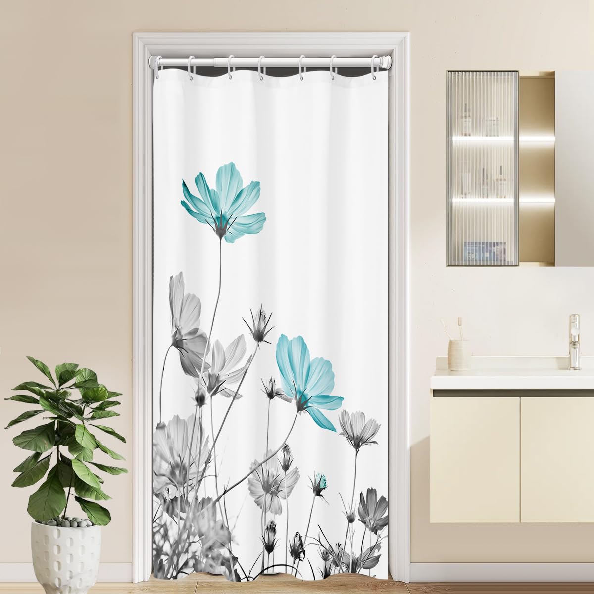 Kikiry Stall Shower Curtain Small 36''W X 72''L Teal And Gray Floral Daisy Flower Elegant Wildflower Design Polyester Fabric Wat