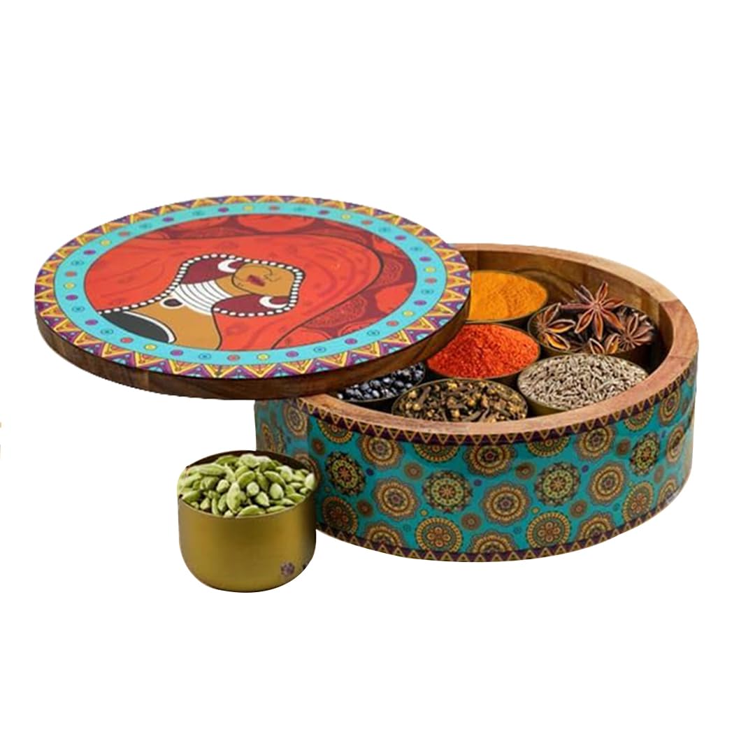 Homeprivilez Classic Wooden Spice Box/Masala Dabba/Masala Dani Set For Kitchen (9 In Red) | Or | Tulip Stainless Steel Cutlery S