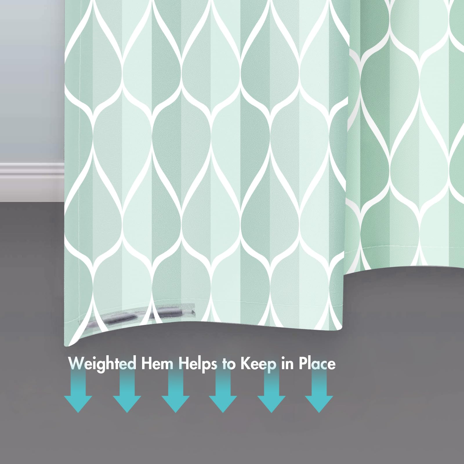 Gelbchu Light Green Geometric Shower Curtain  Waterproof Design and Polyester  Quick-Drying  Weighted Hem  Green Fabric Shower Curtains Set for Bathroom W 72 x H 72  Durable and Washable with 12 Hooks