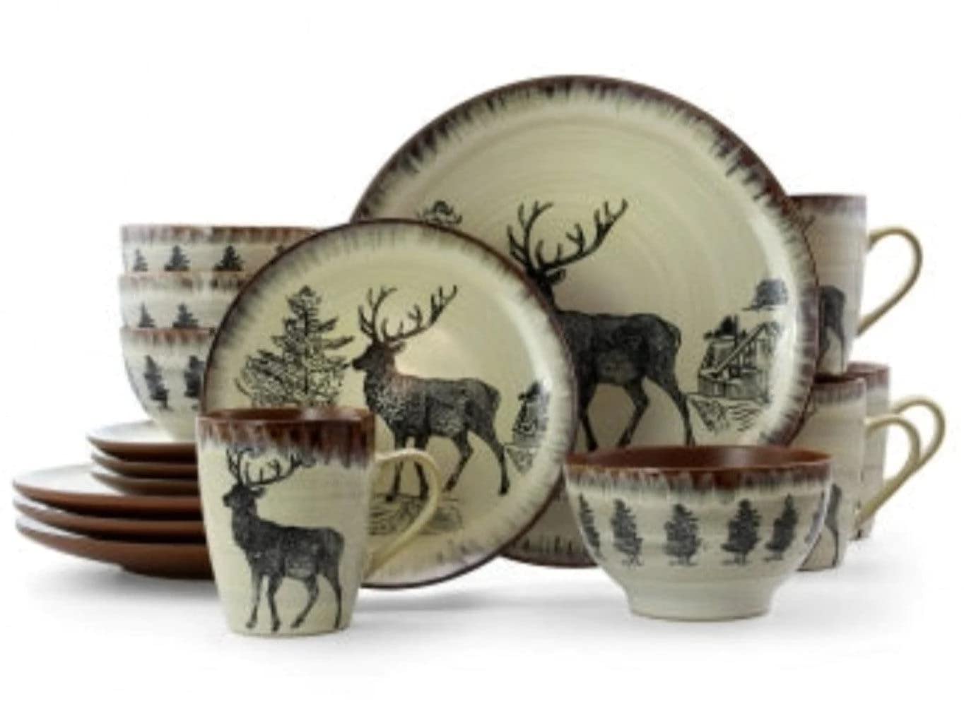 Elama Round Stoneware Cabin Dinnerware Dish Set, 16 Piece, Elk Design with Warm Taupe and Brown Accents