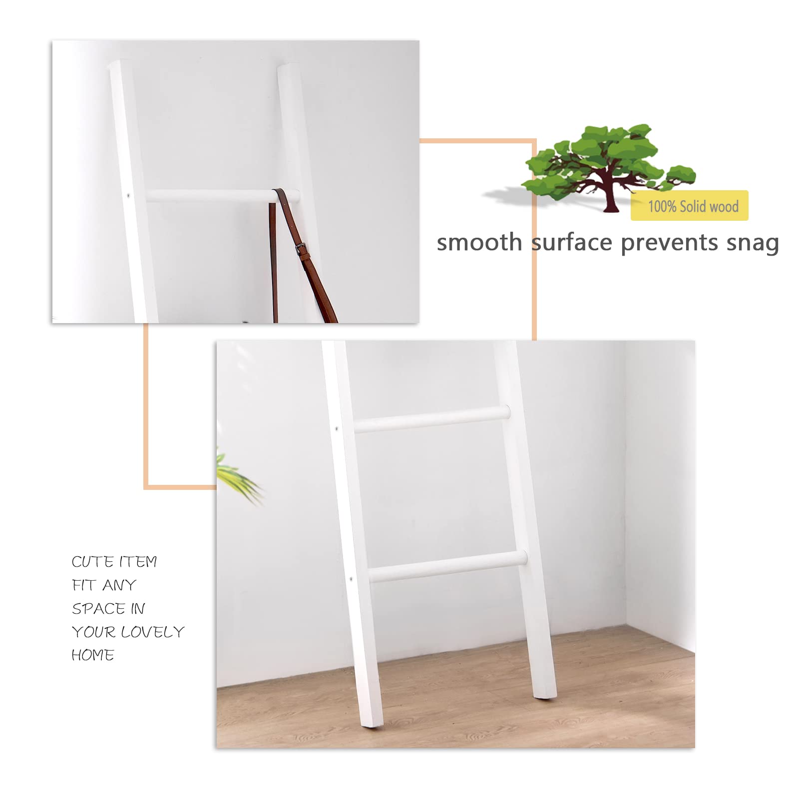 Fuin 6Ft Wooden White Blanket Ladder Living Room Decorative Wall Leaning Farmhouse Quilt Display Holder Rustic Wood Towel Rack F