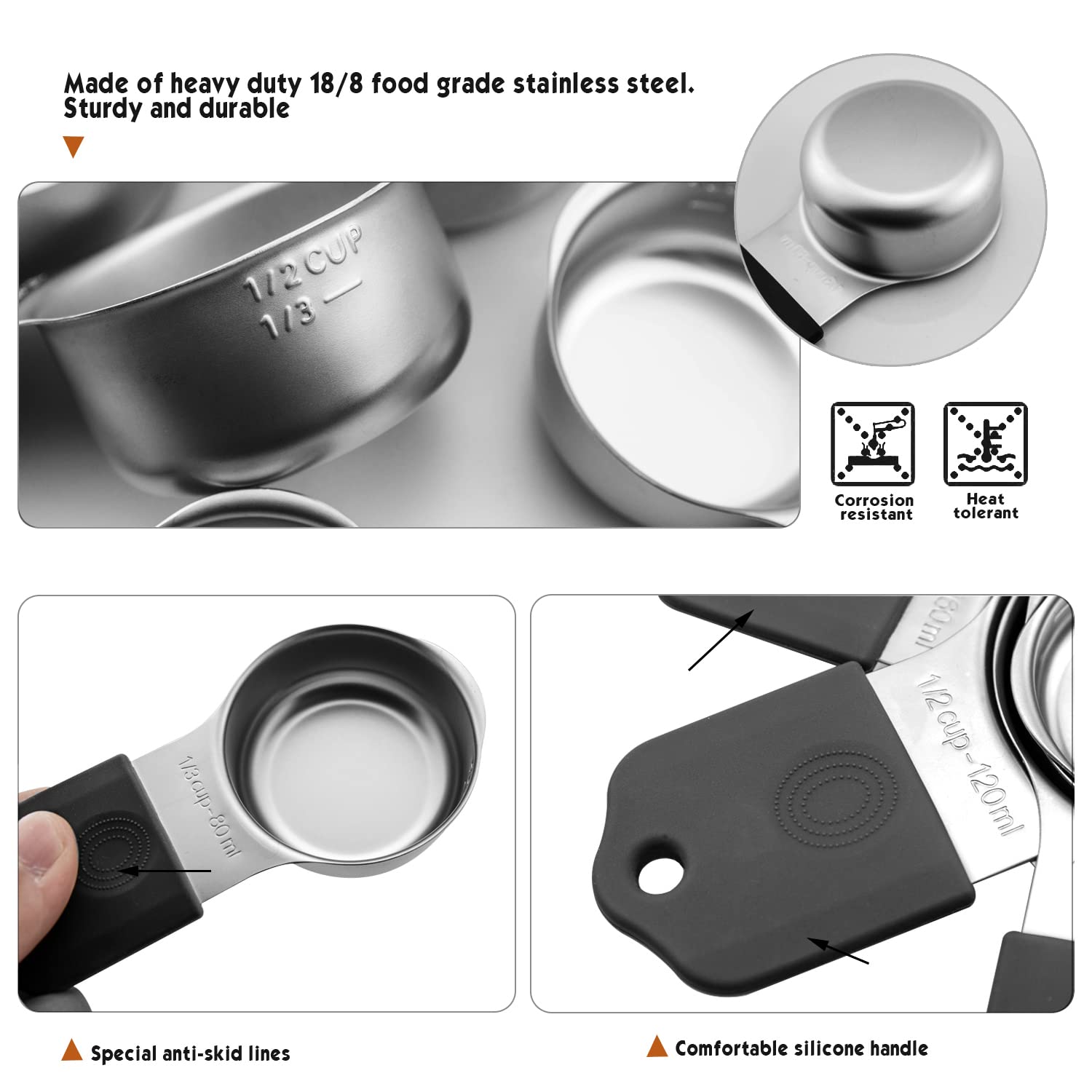 Magnetic Measuring Cups Set, 7 Pieces 18/8 Stainless Steel Stackable Nesting Heavy Duty Metal Measure Cups, Silicone Handle Kitc