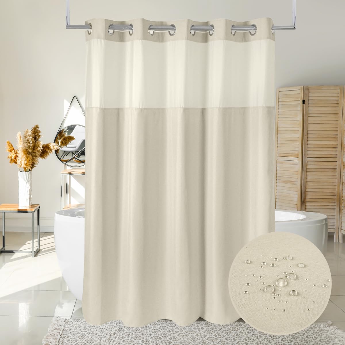 Ecoehoe 71W X86   H Fabric Hook Free Shower Curtain Long With Polyester Magnet Snap-In Liner-Top See Through With Mesh Window Li