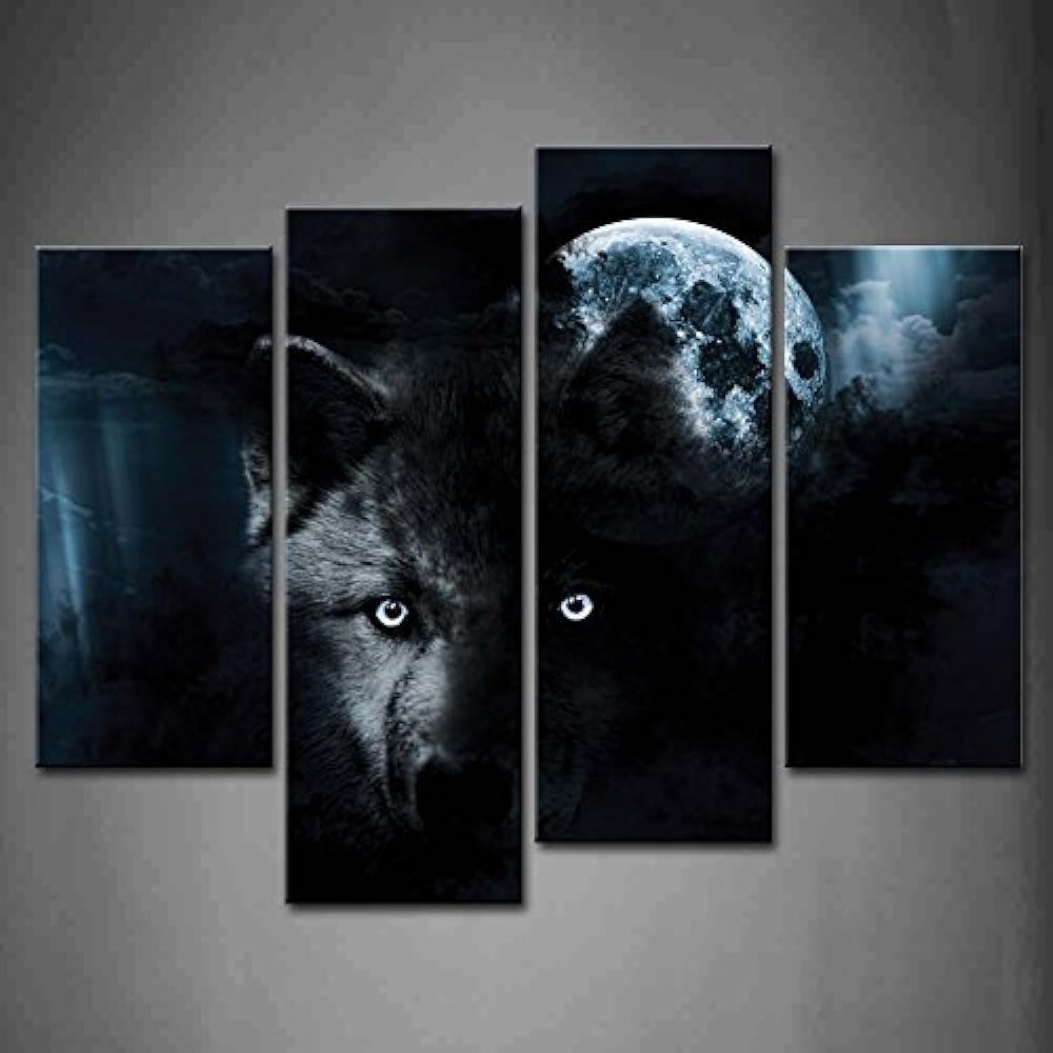 4 Panel Wall Art Black Wolf And Full Moon Painting The Picture Print On Canvas Animal Pictures For Home Decor Decoration Gift Pi