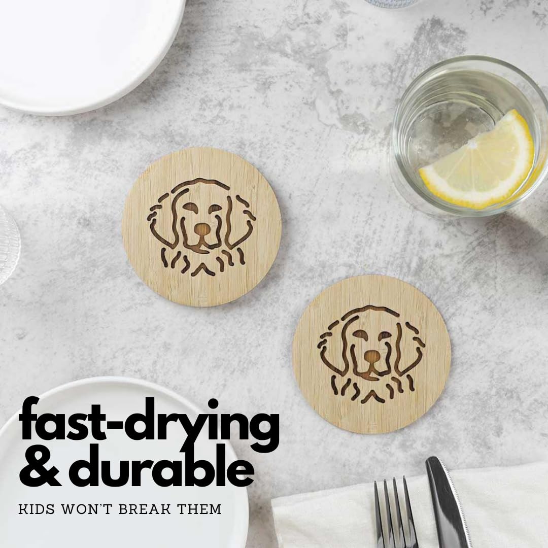 Set Of 6 Bamboo Coasters With Holder - 3.9'' Fun Dog Coasters - Non-Stick Absorbent Engraved Laser-Cut Coasters With Dog Face -