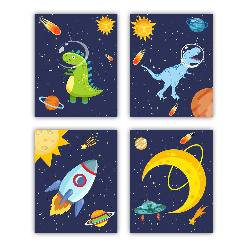 Heshengzaixian Dinosaur Wall Art Posters, Space Wall Decor For Boys Bedroom,Gift For Kids, Astronaut Decorate,Solar System Paint