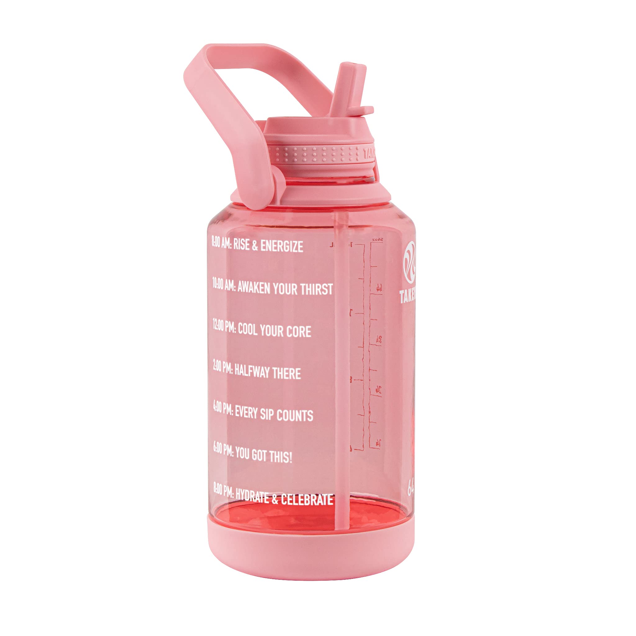 Takeya Premium Quality Motivational Water Bottle With Straw Lid, Times To Drink, Bpa Free Tritan Plastic, 64 Ounce, Flutter Pink