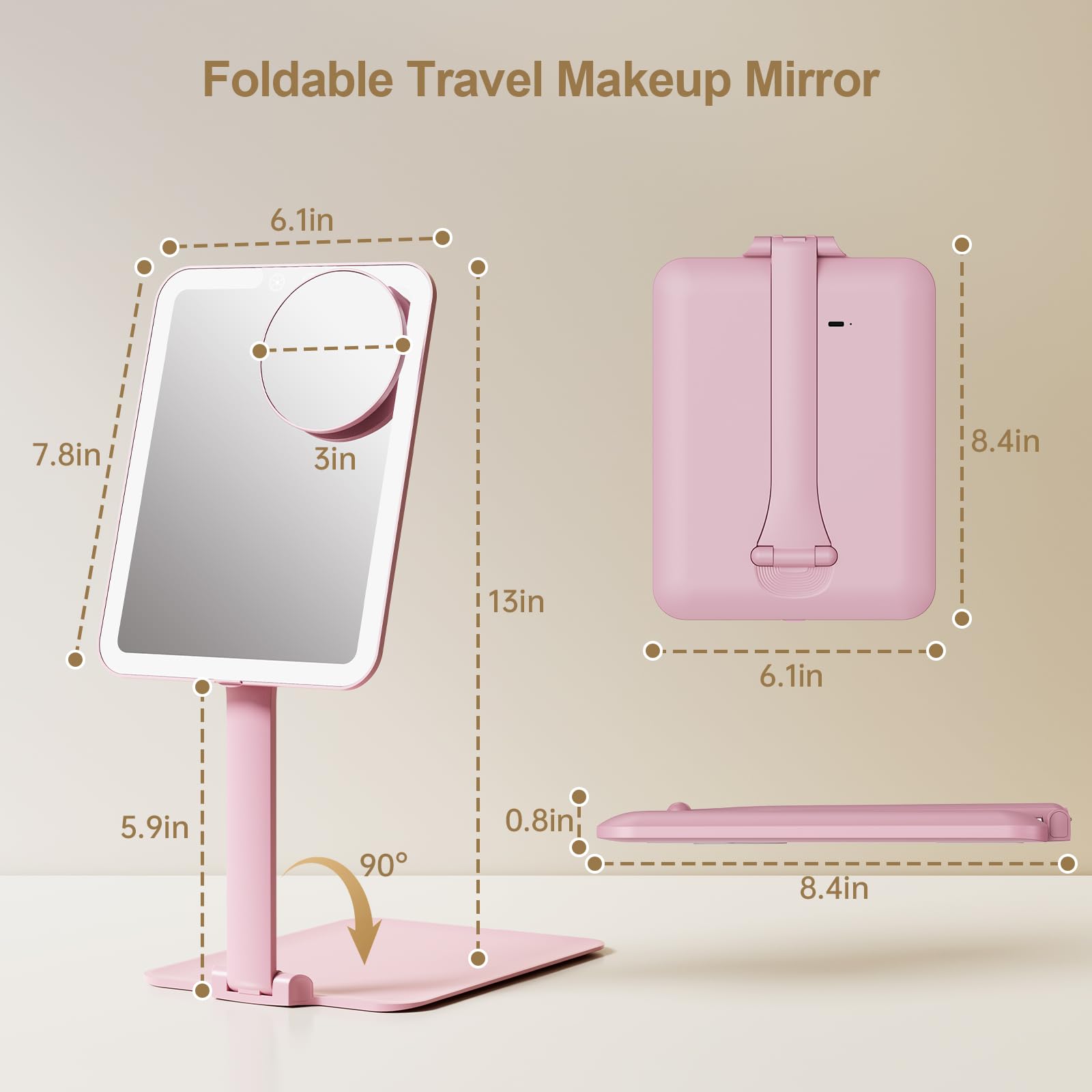 Benbilry Travel Makeup Mirror with Light, 15X Magnifying Mirror & 3 Color Modes, 1800mAh Rechargeable, Adjustable Height/Angle S