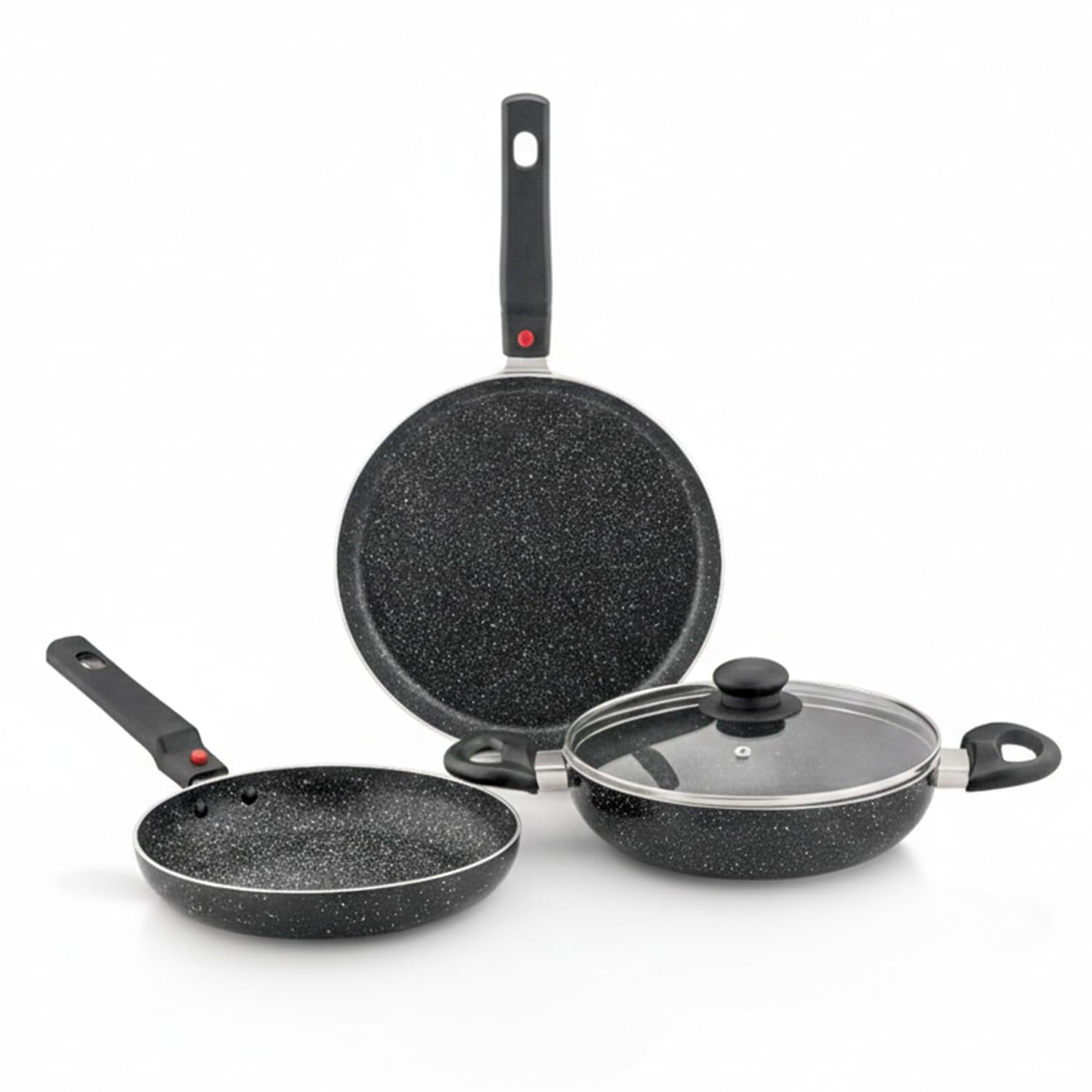 Amazon Brand - Solimo Aluminium 4 Piece Non-Stick Cookware Set With Detachable Handle | Granite Finish | Induction Base | Pfoa F