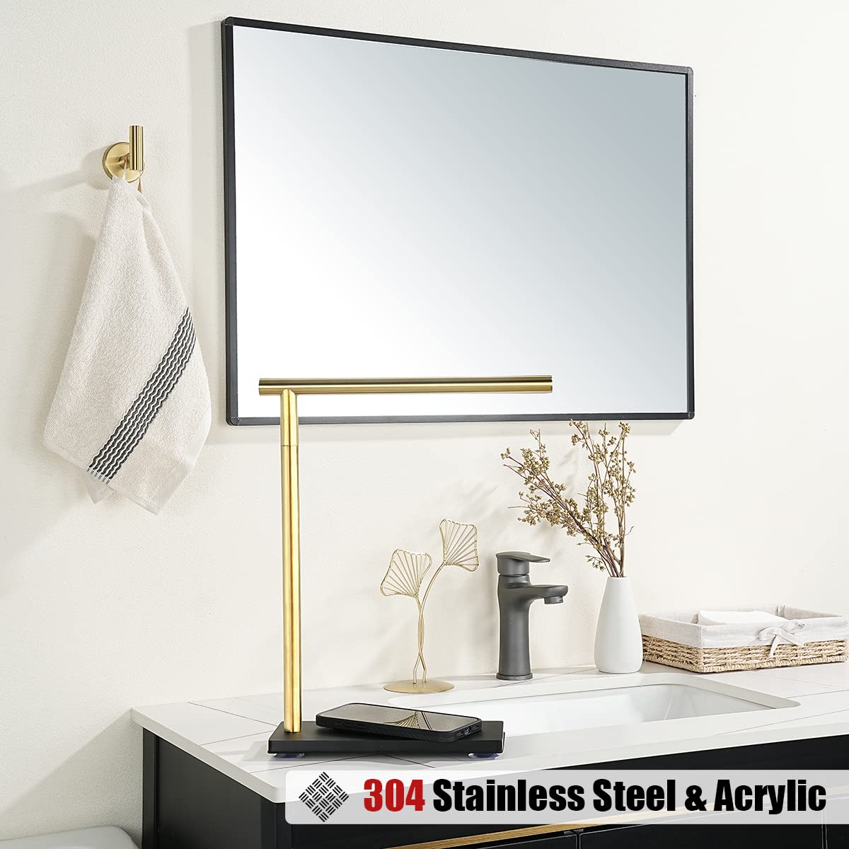 Jqk Hand Towel Holder Stand Brushed Gold, Modern Tree Rack Free Standing For Countertop With 12 Inch Bar, 304 Stainless Steel Th