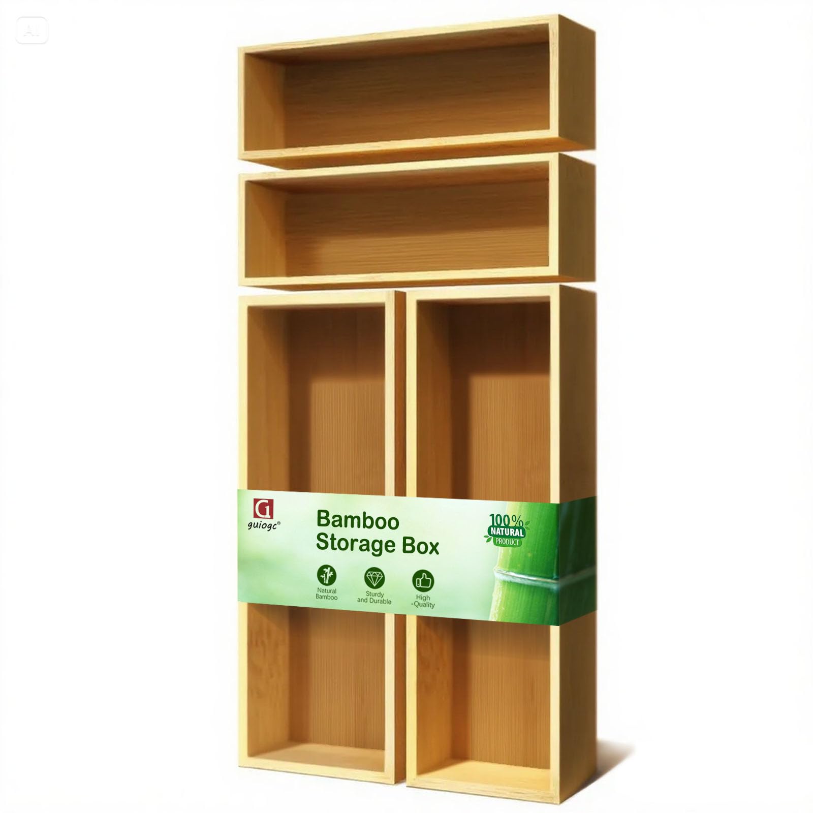 guiogc Bamboo Drawer Silverware Organizer, Flatware Organizer, Bamboo Storage Box for Office, Bathroom and other objects storage