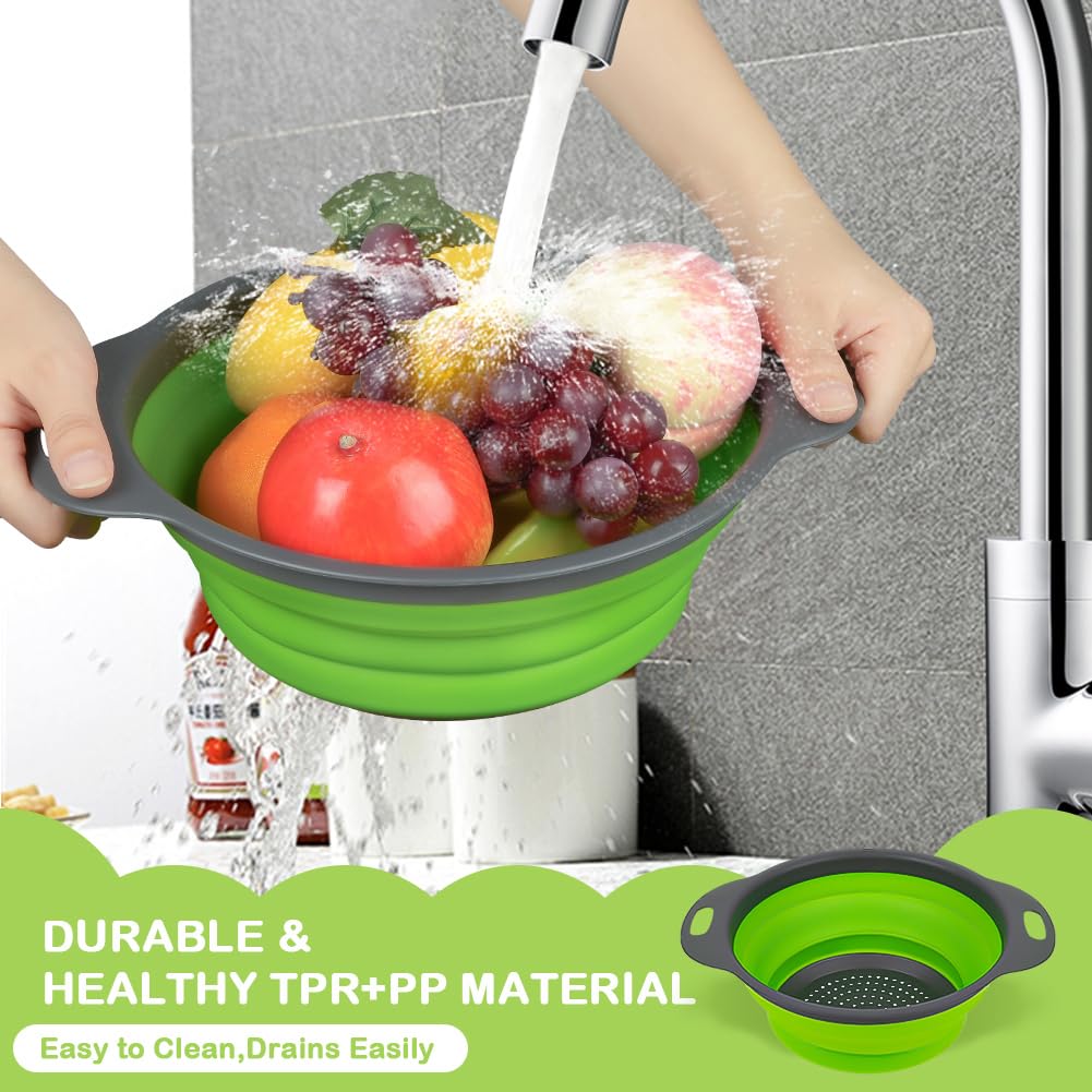Auauy 2 Pcs Collapsible Colander Set, Round Silicone Folding Colander With Plastic Handles, Eco-Friendly Large Hole Kitchen Stra