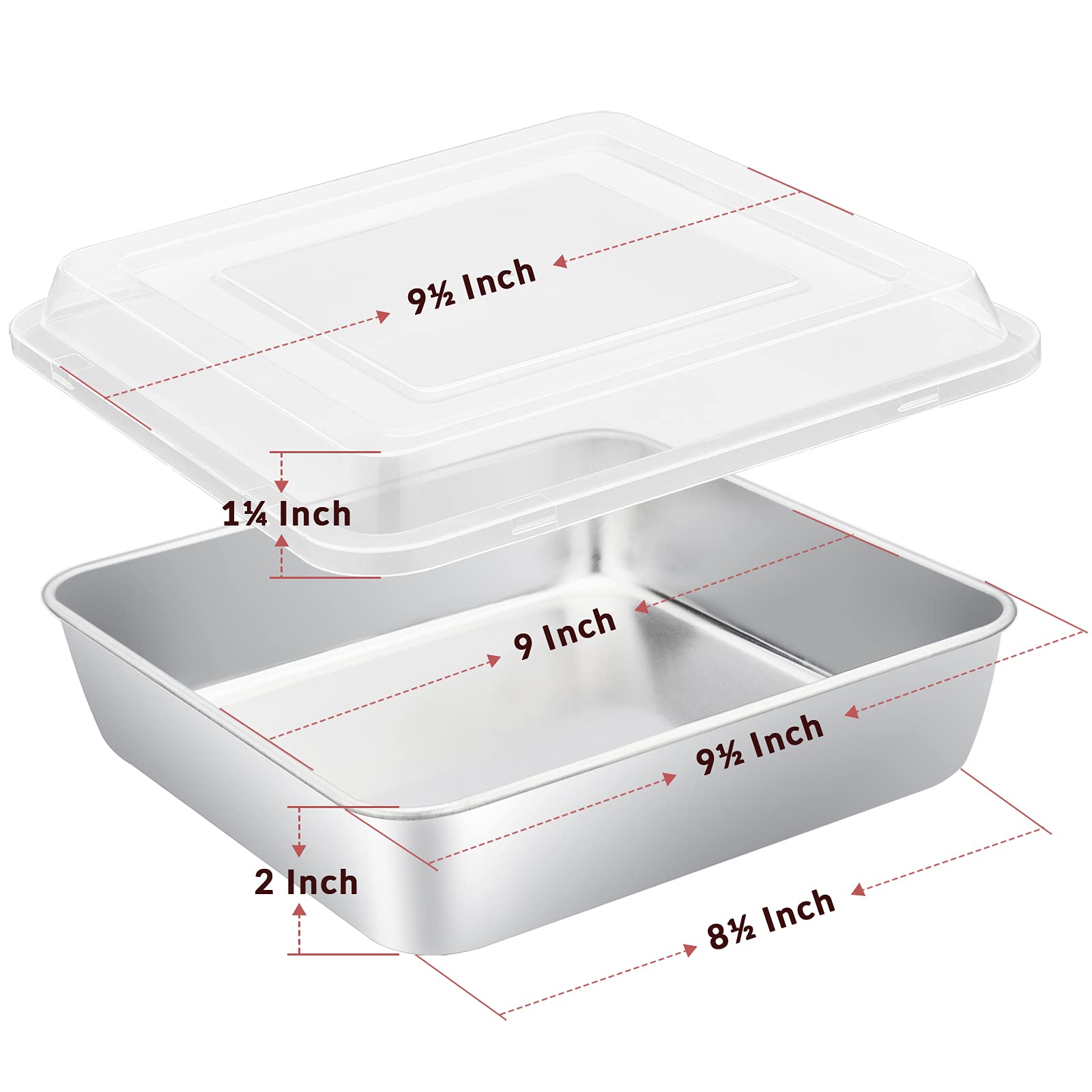 E-Far 9 X 9-Inch Baking Pan With Lid, Square Cake Brownie Baking Pans Stainless Steel Bakeware, Non-Toxic & Healthy, Easy Clean